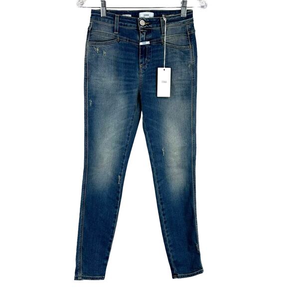 Closed NWT Skinny Pedal Pusher High Rise Jeans Mid Blue Size 24 Italy Distressed - Picture 2 of 12